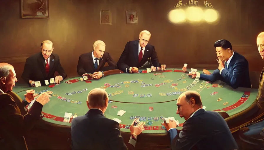 Prompt: Joe Biden, Vladimir Putin and Xi Jinping playing poker, hyperdetailed, artstation, cgsociety, 8k