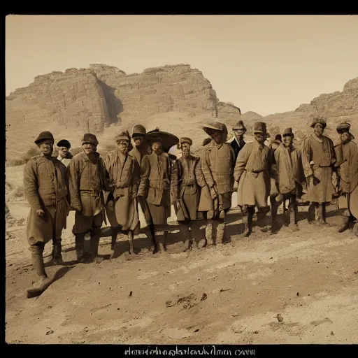 Image similar to ultra detailed photorealistic sepia - toned photo from 1 9 1 7, clean - shaven british soldiers standing with bedouin traders in traditional arab garb, at an archaeological dig site in wadi rum, ultra realistic, painted, intricate details, lovecraft, atmospheric, dark, horror, brooding, highly detailed, by clyde caldwell