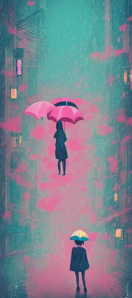 Prompt: beautiful drawing style, lone girl holding umbrella, contrast, visible rain, vaporware cartoon manga japan!! 👘🌸⛩ background, vibrant neon pastel, kawaii, rainy gloomy, rainy night