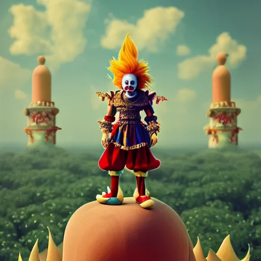 Image similar to clown character knight, infinite final fantasy candyland landscape fall god temple, moody : : wes anderson, roger dean, sophie anderson, esao andrews : : ornate, dynamic, particulate, intricate, elegant, highly detailed, centered, artstation, smooth, sharp focus, octane render, 3 d