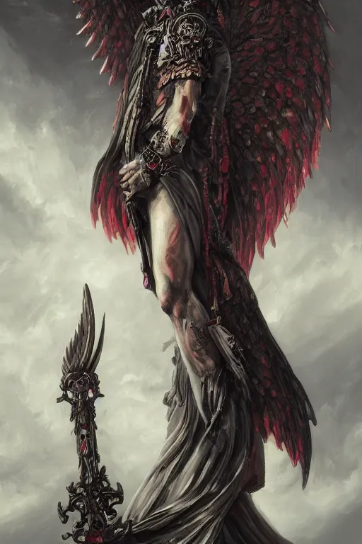 Prompt: painting of an ominous bright angel of death with many skulls in dark clouds, full-body portrait, highly detailed, ornate and elegant, fantasy, traditional art, gothic, abstract art, surrealism, concept art, on artstation