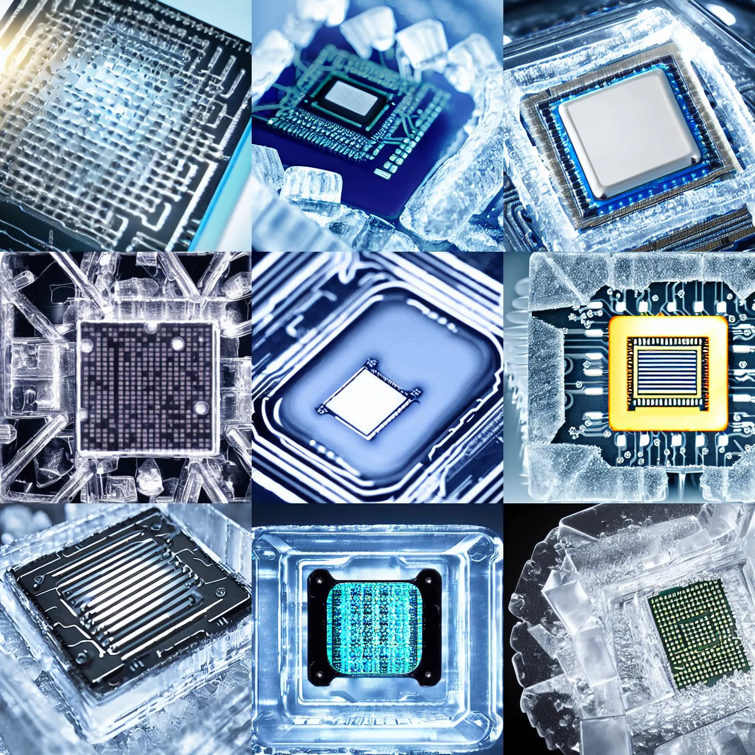 Prompt: photograph of a computer processor chip encased inside an ice block high detail light ray casting through ice