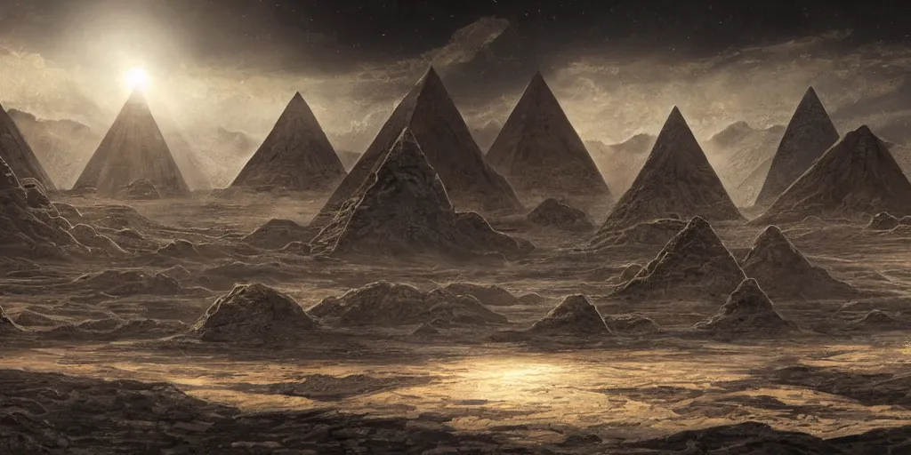 Image similar to stygian beautiful painting of a landscape with levitating obsidian alien pyramids with by kim jakobsson, takato yamamoto, clement - auguste andrieux and santiago caruso trending on artstation sunshine rays cryengine behance hd 8 k 3 d 8 k resolution photoillustration ambient occlusion, stars with lasers, nyarlathotep by arrivabene