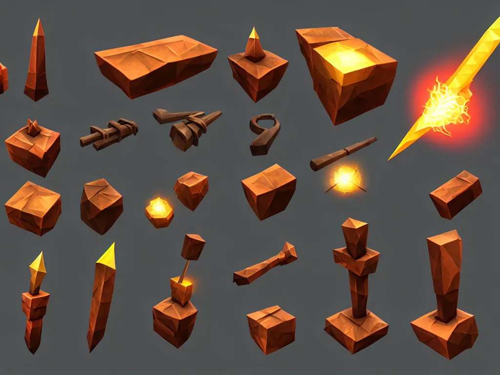 Prompt: blacksmith hammer, 3 d, object, low poly, lightning, mobile game, cute, illustration, d & d, twilight ray