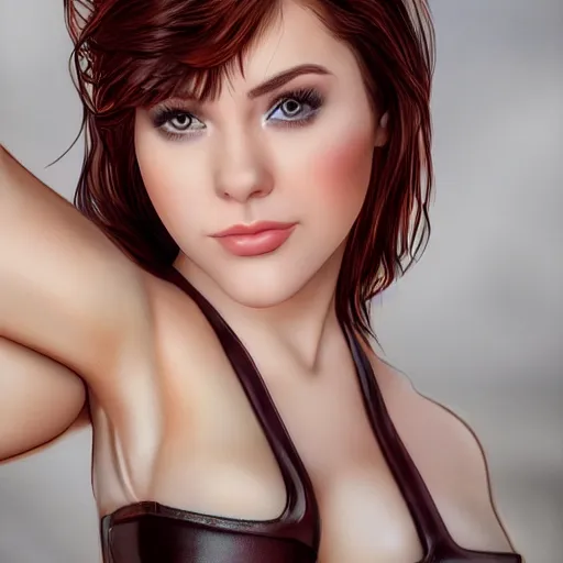 Image similar to photo of a gorgeous tessa fowler in the style of stefan kostic, realistic, professionally, professionally color graded, half body shot, leather body suit, sharp focus, 8 k high definition, insanely detailed, intricate, elegant, art by stanley lau and artgerm