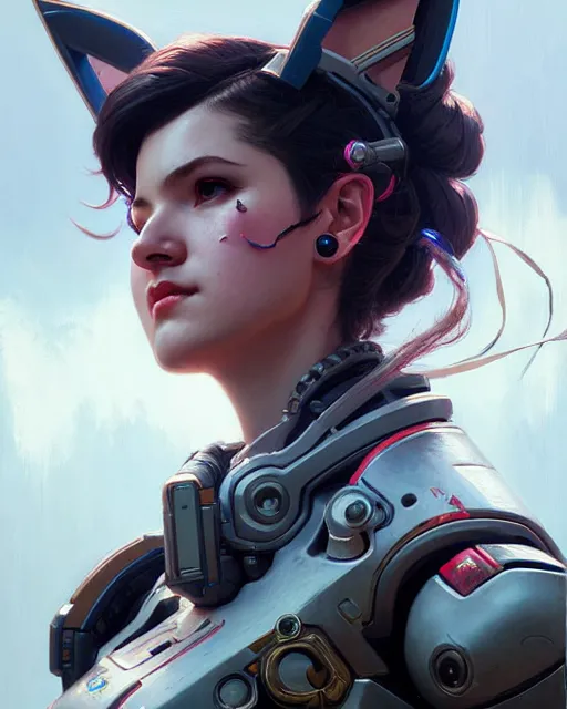 Image similar to d. va from overwatch, character portrait, portrait, close up, concept art, intricate details, highly detailed by greg rutkowski, michael whelan and gustave dore