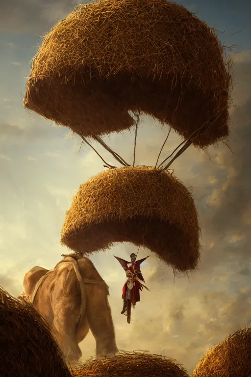 Image similar to ezio audotire plunging from the sky into a haystack, background with some dromedaries, digital art, trending on artstation