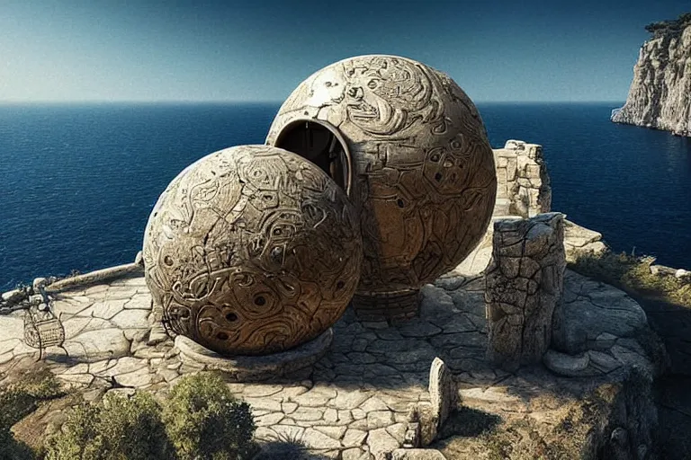 Image similar to old photograph of a gigantic paleolothic sphere made of stone with highly detailed carvings of intricate shamanic robotic electronics and circuits, in a mediterranean lanscape, inside a valley overlooking the sea, by michal karcz, mediterranean island scenery, mediterranean vista