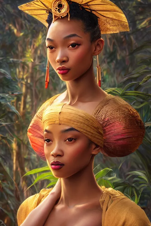 Image similar to stunningly beautiful, nubian geisha prima ballerina in jungle, symmetrical face, golden hour, smooth, focus, highly detailed, hyper realistic, dramatic lighting, elegant, intricate, concept art, art by wlop, mars ravelo, greg rutowski, artstation