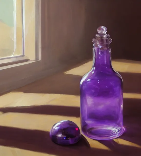 Image similar to a purple potion in a round bottle on a messy brown table, papers, sunlight, window, reflections. by makoto shinkai, stanley artgerm lau, wlop, rossdraws, james jean, andrei riabovitchev, marc simonetti, krenz cushart, sakimichan, d & d trending on artstation, digital art