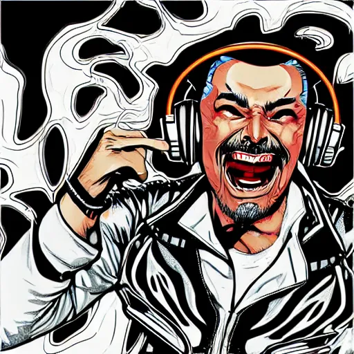 Image similar to artgerm, psychedelic laughing cybertronic dr. strange, rocking out, headphones dj rave, digital artwork, r. crumb, svg vector