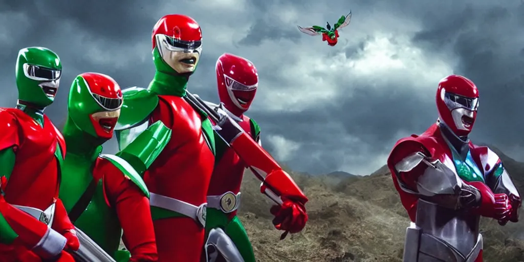 Prompt: realistic scene of red and green power rangers in war, ultra realistic, 8 k