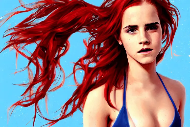 Image similar to highly detailed Red-haired beauty Emma Watson in a bikini, mid-shot ,pixiv , digital painting