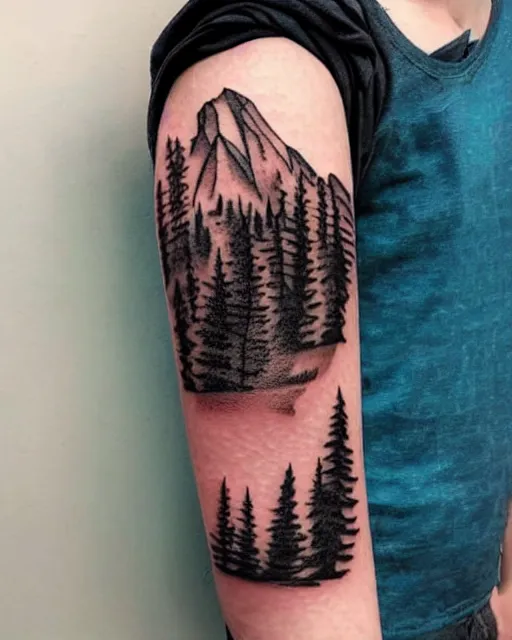 Image similar to creative double exposure effect tattoo design sketch of amber head faded with beautiful mountain scenery, realism tattoo, in the style of matteo pasqualin, amazing detail, sharp