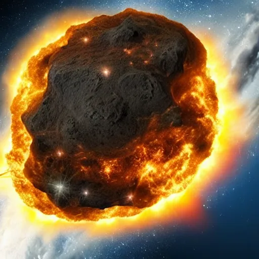 Prompt: fiery asteroid flying through space moving towards earth