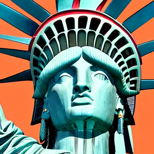 Image similar to professional cityscape photo of the statue of liberty as a native indian with head dress, coper cladding