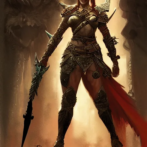 Prompt: detailed fantasy warrior amazon with sword, full body, brom, alan lee, craig mullins, cinematic