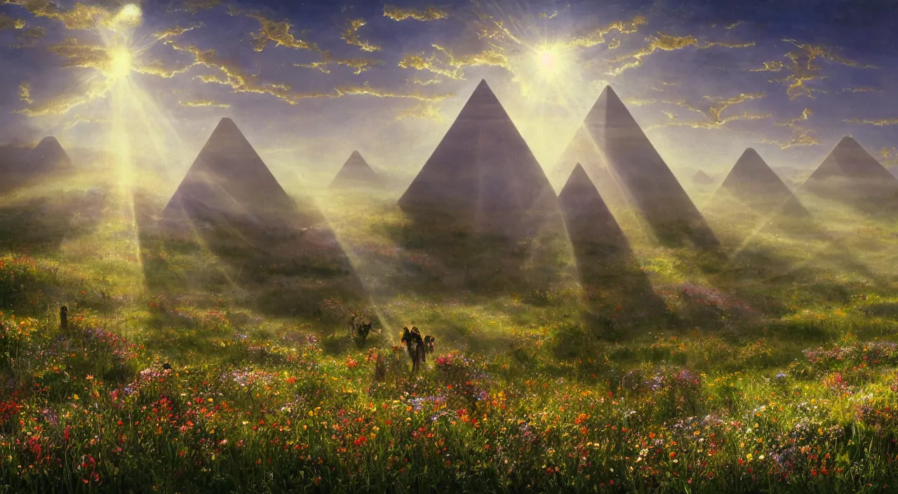 Image similar to rhythmic interval tectonic surfaces as resonant waves of harmonic organic mystical megastructure crystal lattice pyramid architectures exploding with light and god rays in a meadow full of wildflowers by albert bierstadt, by glen small, photorealistic, god rays, octane, depth of field, bladerunner