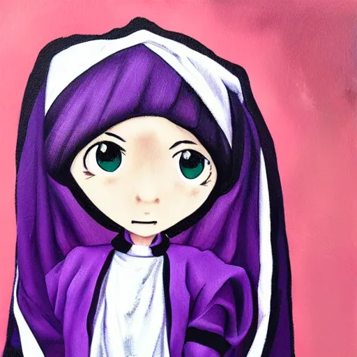 Prompt: little boy wearing nun outfit. purple and black color palate, detailed soft painting, made in abyss art style, inspired in hirohiko araki, anatomically correct