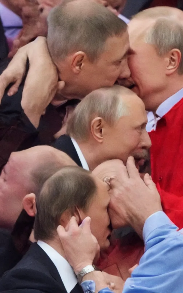 Image similar to vladimir putin kissing selensky with tongue, hyperrealistic