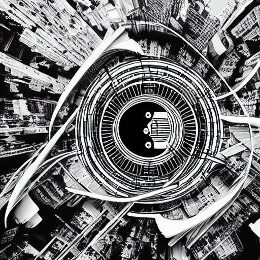 Image similar to a yin - yang daoist symbol superimposed on the futuristic cityscape in a utopian well - organized society, black and white