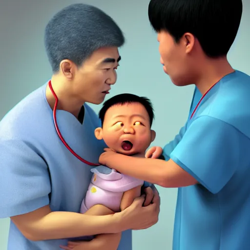 Prompt: shocked asian man holding african baby at hospital, he can ’ t believe his eyes, award winning art, pixar, 3 d render, unreal engine