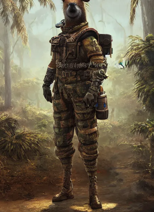 Image similar to detailed full body concept art illustration oil painting of an anthropomorphic capybara military in full intricate clothing, biomutant, dystopian, ultra detailed, digital art, octane render