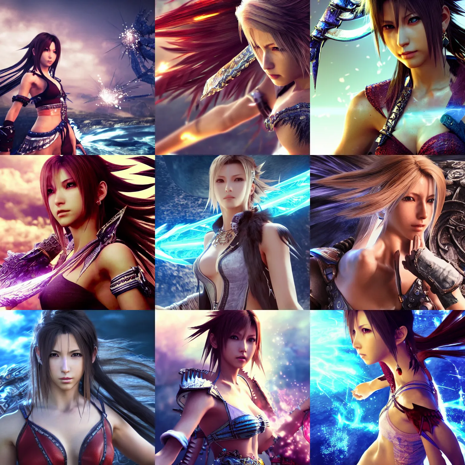 Prompt: of epic scene of most gorgeous final fantasy x character, fighting heaven, hyper detail, hyper realistic 3 d render, art station, particles, tifa, mucha, epic scene,