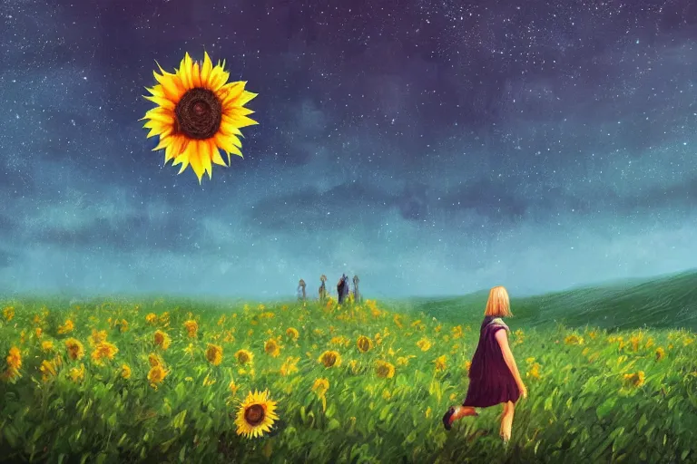 Prompt: giant sunflower as a head, girl walking between trees, hills, surreal photography, dark night, star trails, dramatic light, impressionist painting, clouds, digital painting, artstation, simon stalenhag