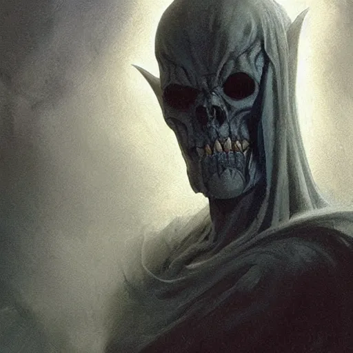 Image similar to head and shoulders portrait of a ghostly, shadowy, spectral wraith, d & d, fantasy, greg rutkowski, frank frazetta, alexandre chaudret, boris vallejo, michael whelan, miro petrov, hr giger, magali villeneuve, donato giancola