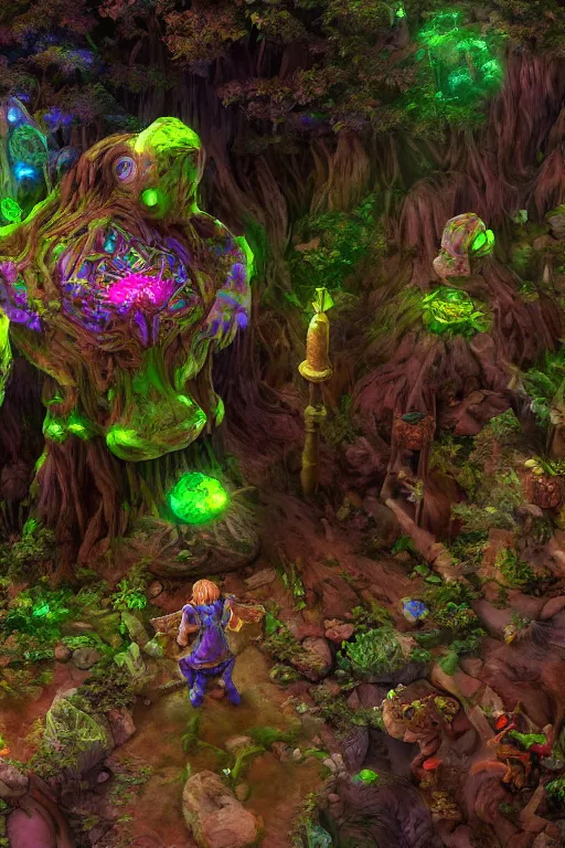 Image similar to zelda fantasy art giant golem elemental wood rock greeble gemstone enchanted forest troll, global illumination ray tracing hdr fanart arstation by sung choi and eric pfeiffer and gabriel garza and casper konefal bastion forged hardmesh lisa frank zbrush central radiating a glowing aura global illumination ray tracing hdr volume light