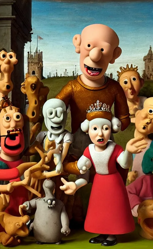 Image similar to god saves the queen, claymation, epic, ( ( renaissance painting ) ), in the style of wallace and gromit