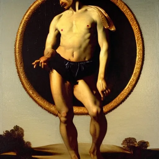 Prompt: expressive oil painting of full body god looking for a heaven sky, with a giant gold circle behind him, glamour shot, by caravaggio