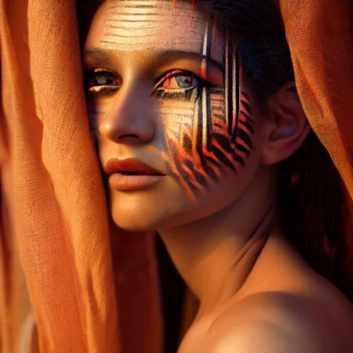 Image similar to photographic portrait of a stunningly beautiful renaissance female with tribal makeup in soft dreamy light at sunset, contemporary fashion shoot, by edward robert hughes, annie leibovitz and steve mccurry, david lazar, jimmy nelsson, breathtaking, 8 k resolution, extremely detailed, beautiful, establishing shot, artistic, hyperrealistic, beautiful face, octane render