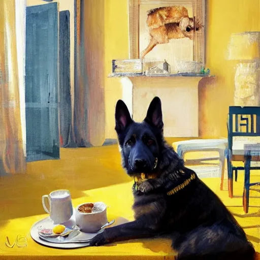 Prompt: 3 d german shepard, lounging in a breakfast room on yellow carpet, sun rays, bokeh, vogue cover, oil painting, detailed brush strokes, impressionism, art by tooth wu and wlop