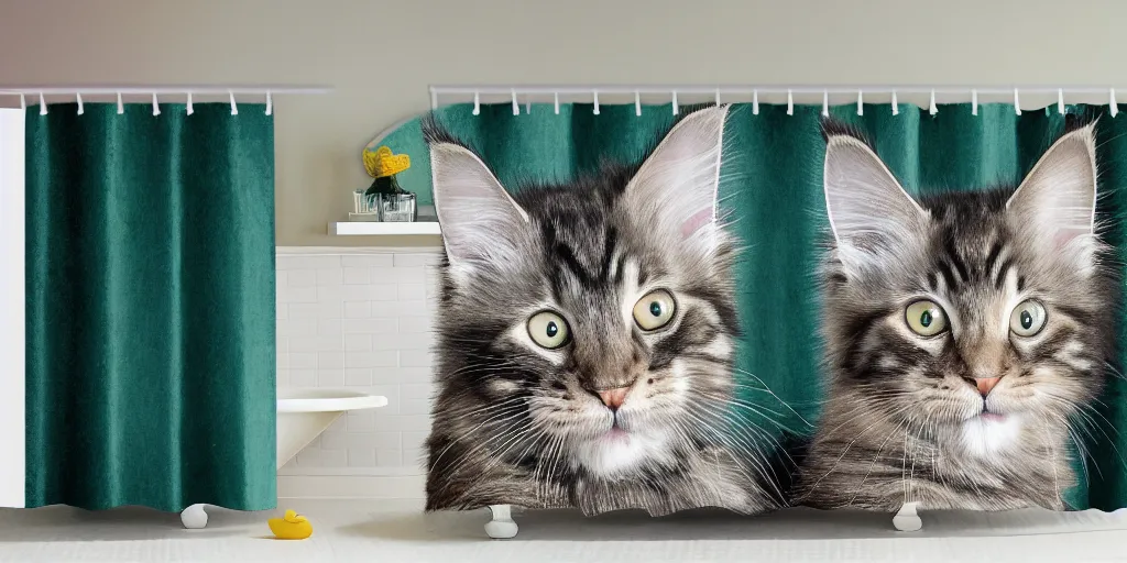 Prompt: shower curtain product catalog. on the curtain is a watercolor with ink under drawing of one maine coon kitten with its toy. wide - angle product photography, product lighting. 4 k, highly detailed. saturated.