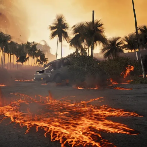 Image similar to far cry car leaking black tar chaotic intensive apocalyptic adrenaline anger oil black tar landscape wasteland miami desert on fire landscape natural disasters sunset palm trees landscape on fire unreal engine fallout style james gurney, henry moore style