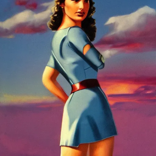 Image similar to full body portrait of gal gadot in the style of bill medcalf, blue sky with a few clouds, retro, 1 9 5 0, 4 k, detailed