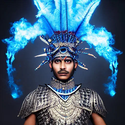 Prompt: a portrait of a beautiful young indian male wearing an alexander mcqueen armor made of blue fire , photographed by andrew thomas huang, artistic