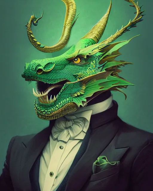 Image similar to anthropomorphic art of a businessman dragon, green dragon, portrait, victorian inspired clothing by artgerm, victo ngai, ryohei hase, artstation. fractal papers and books. highly detailed digital painting, smooth, global illumination, fantasy art by greg rutkowsky, karl spitzweg