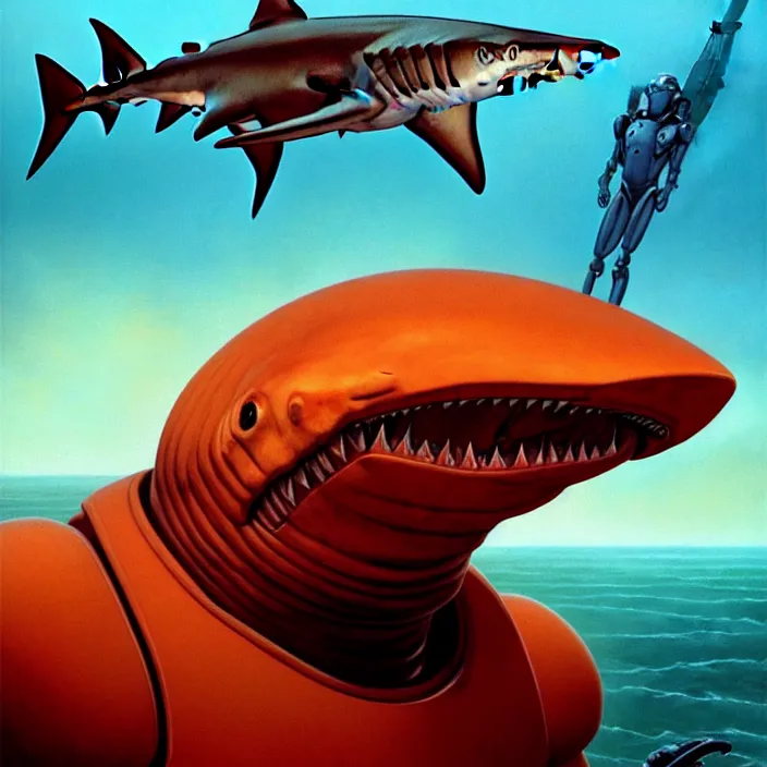 Prompt: Hammer-head shark with orange legs walking on the beach, cinematic bust portrait , head and chest only, exotic alien features, robotic enhancements, desaturated, Tim Hildebrandt, Wayne Barlowe, Bruce Pennington, donato giancola, larry elmore, oil on canvas, masterpiece, trending on artstation, featured on pixiv, cinematic composition, dramatic pose, beautiful lighting, sharp, details, hyper-detailed, HD, HDR, 4K, 8K