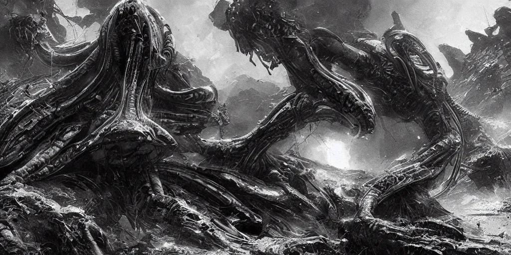 Image similar to black and white graphic thumbnails of alien concuring on a planet with high tech fantasy / magical machinery, cinematic composition, a fantasy digital painting by greg rutkowski and james gurney, trending on artstation, highly detailed, hyperrealistic, realistic, photorealistic, dynamic lighting, highly detailed, cinematic landscape, studio landscape, studio lighting