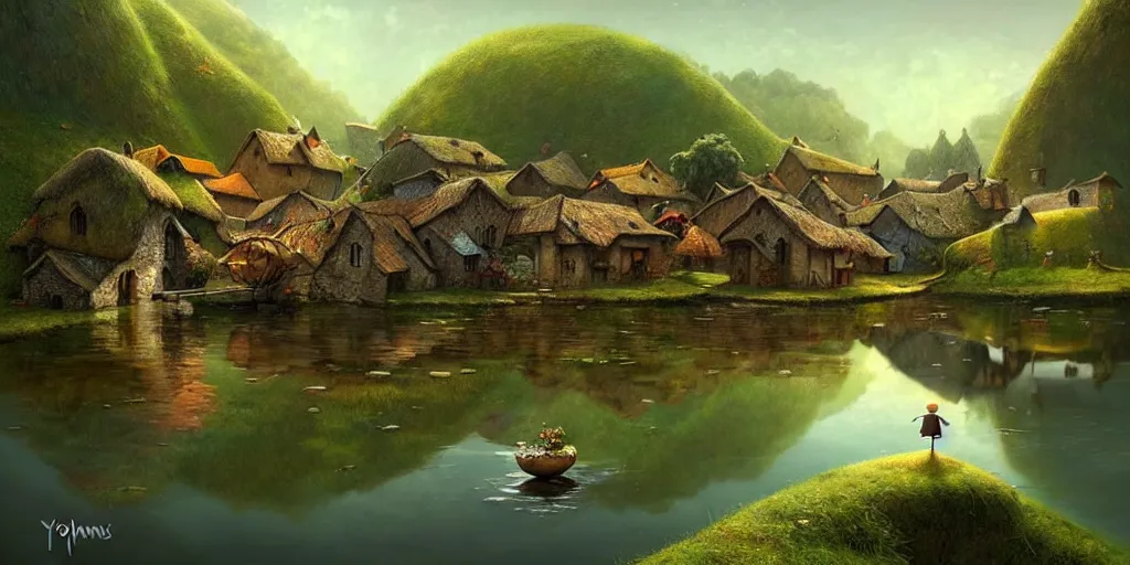 Image similar to amazing detailed village with a river, water, reflection, stone bridge, art by Yohann Schepacz, art by Gediminas Pranckevicius, art by Esao Andrews