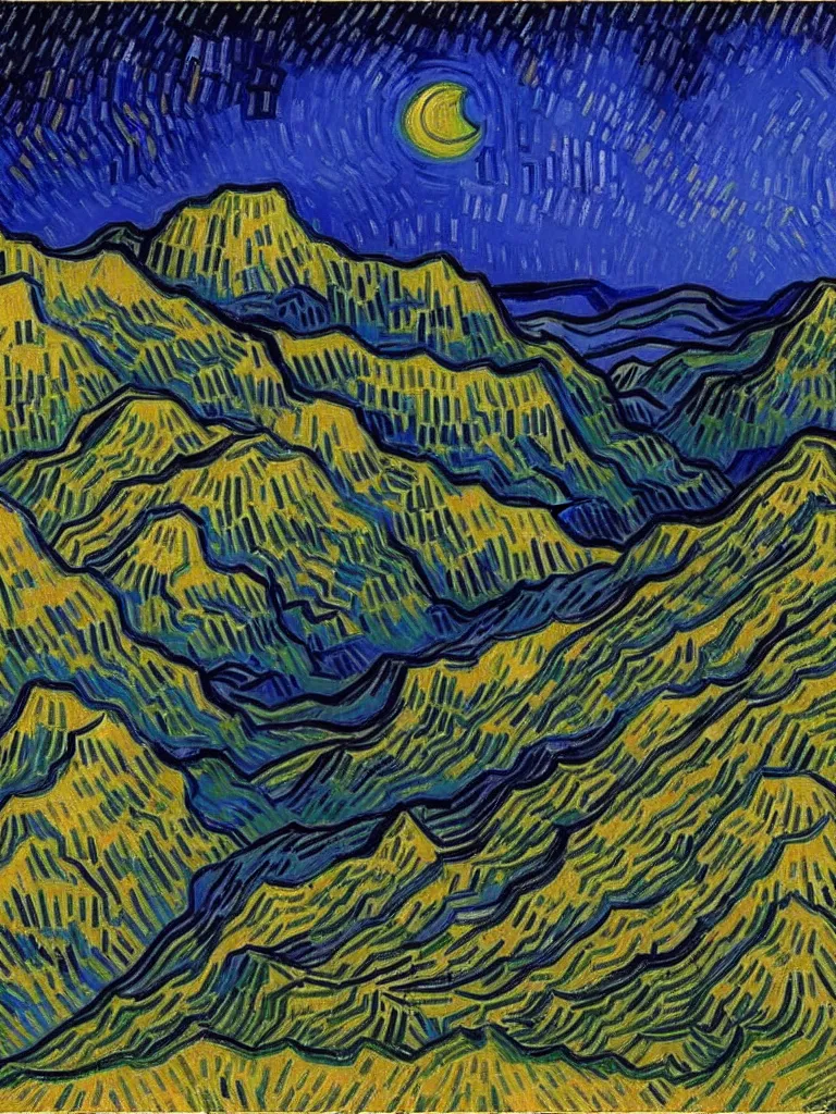 Image similar to montserrat multi - peaked mountain range at night by van gogh