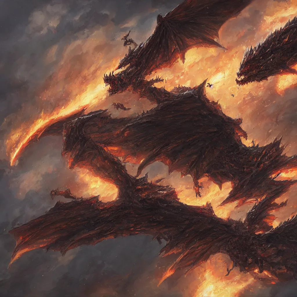 Image similar to oil painting of one deathwing dragon flying down on earth by greg rutkowski, closed up view