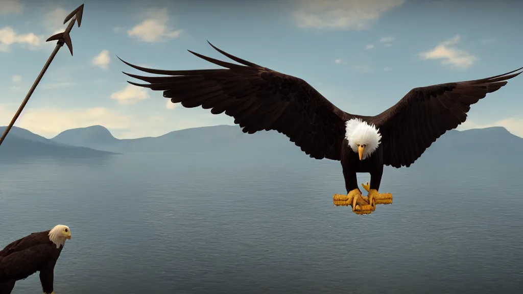 Prompt: a dog a bald eagle and a trident, patriotic, unreal engine