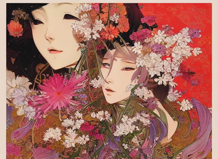 Image similar to oil painting, long shot, beautiful floralpunk japanese bio mechanical female illustration detailed patterns art of japan traditional dress, flower pop art, floral splash painting, art by ashley wood, alphonse mucha, makoto shinkai, geof darrow, dark shadow