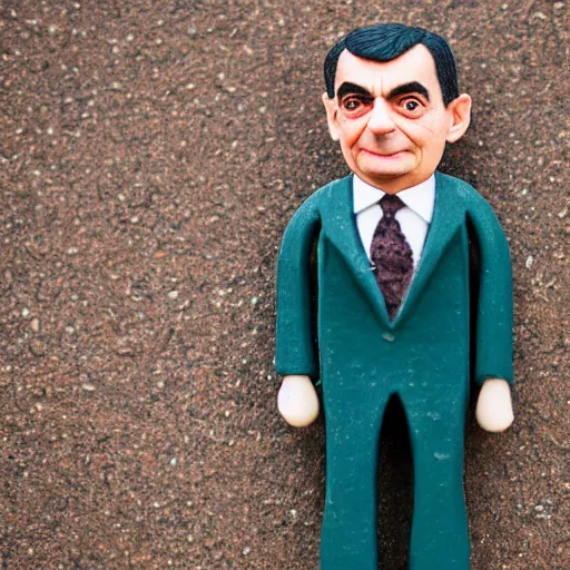 Prompt: mr bean made of clay in a cardboard city, cute, 55mm lens f1.4