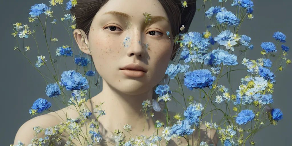 Image similar to goddess of nemophila flowers portrait, amalgamation of leaves and flowers, orthodox saint, beautiful raking sunlight, nemophila flowers. intricate artwork by Hsiao-Ron Cheng. octane render, trending on artstation, greg rutkowski. cinematic, hyper realism, high detail, octane render, 8k