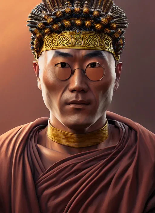 Prompt: smart tai buddhist monk, closeup portrait, without beard and mustache, historical hero, ethnic group, tai costume, tai traditional bronze headdress, intricate, with leather armor cross on bare chest, elegant, loin cloth, highly detailed, oil painting, artstation, concept art, matte, sharp focus, illustration, hearthstone, art by earl norem